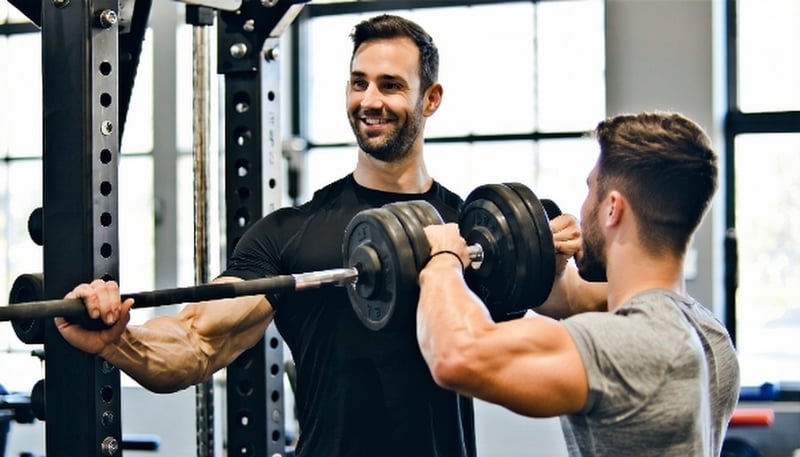 Certified personal trainer assisting a client at DMV Fitness gym